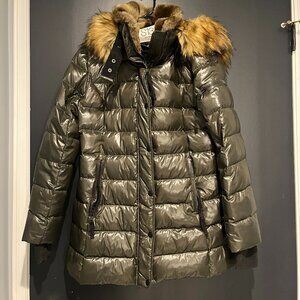 Army Green Faux Fur Trim Shiny Hooded Down Puffer Coat Medium S13